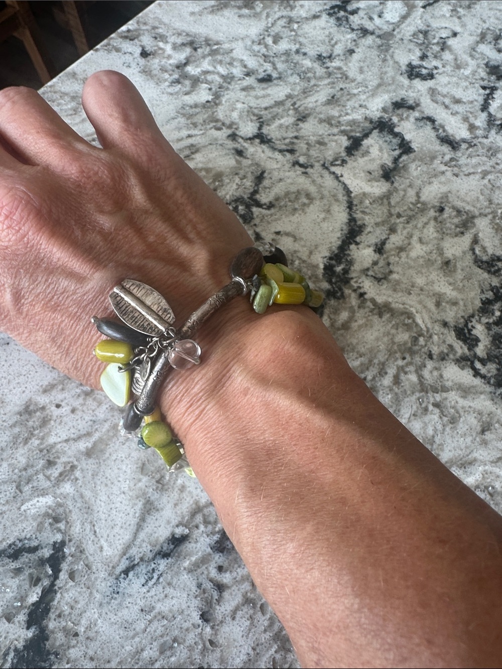 Vintage Silpada line free Silver Charm stretch Bracelet with Green Beads